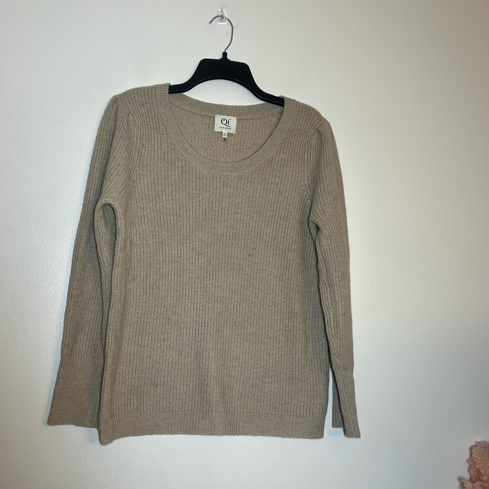 QI Cashmere Wool Beige Cream Ribbed Sweater XL